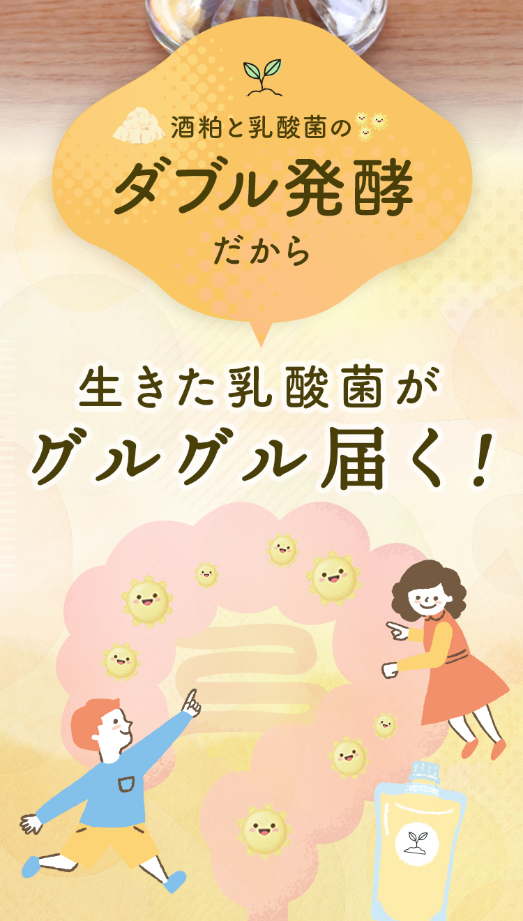 酒粕と乳酸菌のダブル発酵だから 生きた乳酸菌がグルグル届く！